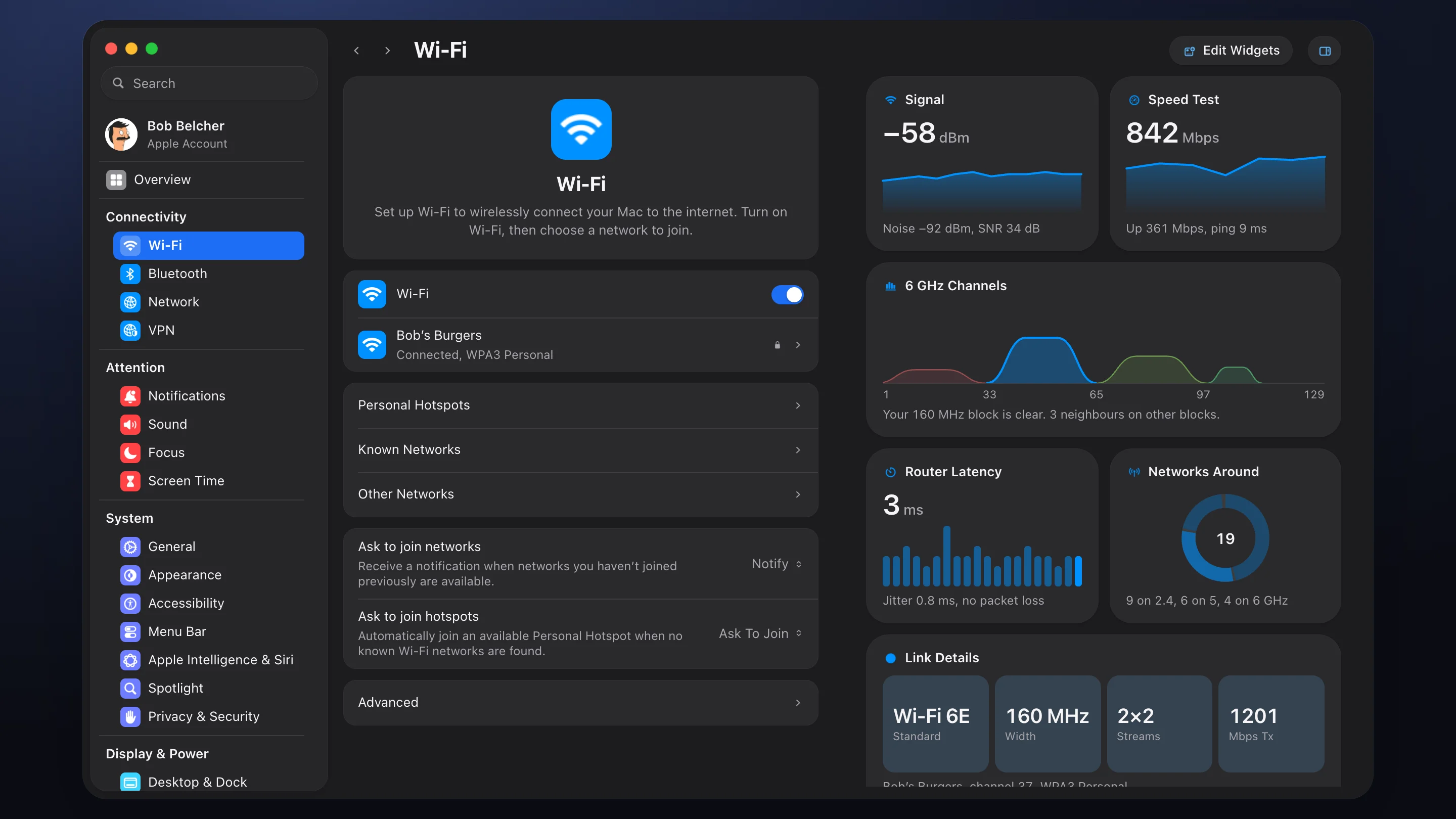 Settings Overview showing the same Wi‑Fi pane in a wider window, with a sidebar of named, colour-coded groups and a third column of Wi‑Fi widgets.