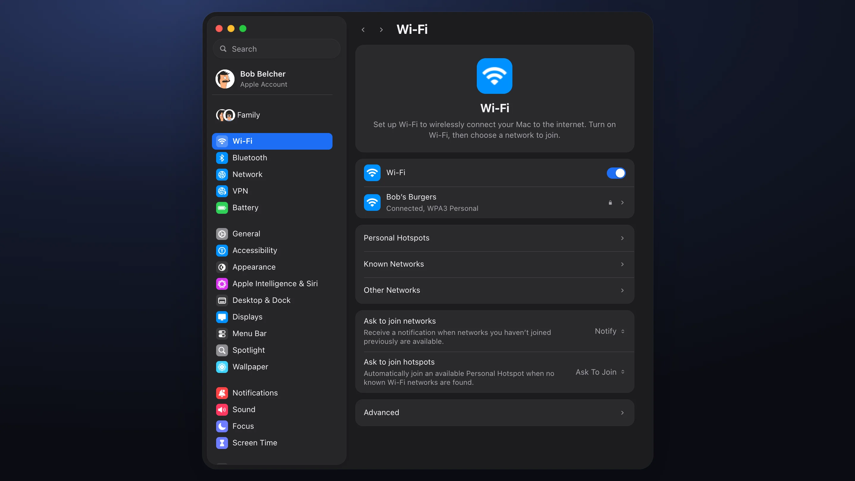 Today’s System Settings showing the Wi‑Fi pane in a narrow two-column window, with a sidebar of unlabelled groups.