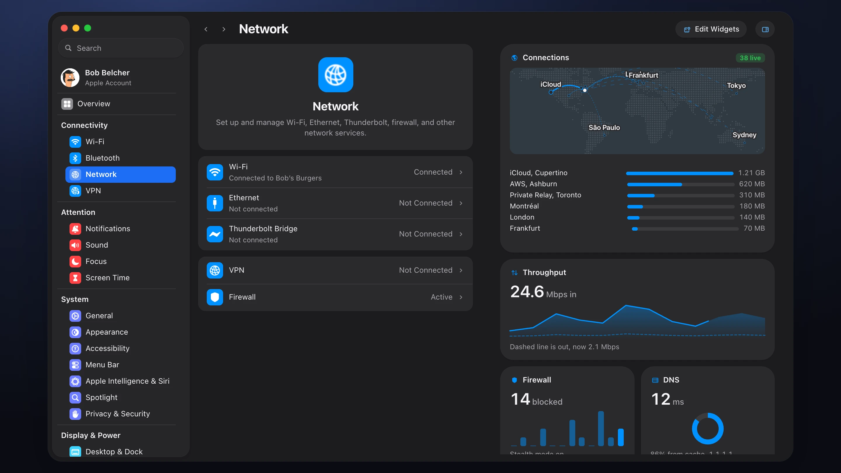 The Network pane in a three-column Settings window. The sidebar groups panes under named categories. The centre column is Apple’s Network pane, unchanged. The right column holds widgets, a world map of 38 live connections with data per region, throughput over the last ten minutes, firewall blocks and DNS speed.