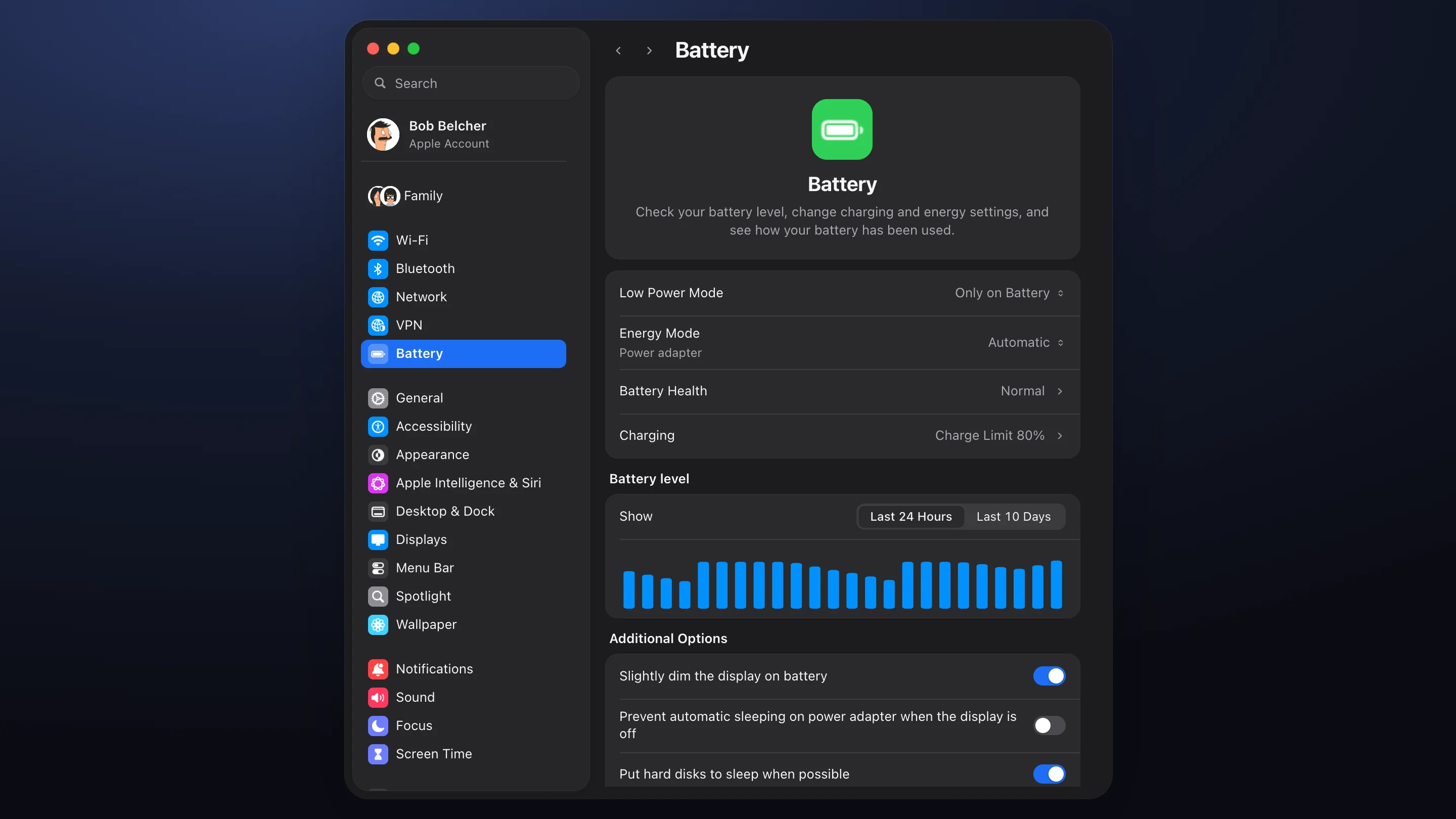 The Battery pane in macOS 26.6 System Settings. A narrow window with a sidebar that starts with Family, then groups separated only by gaps, Wi‑Fi to Battery, General to Wallpaper in alphabetical order, and Notifications to Screen Time, each icon in its own colour. The pane shows a header card, pop-up menus, a battery level chart and switches.