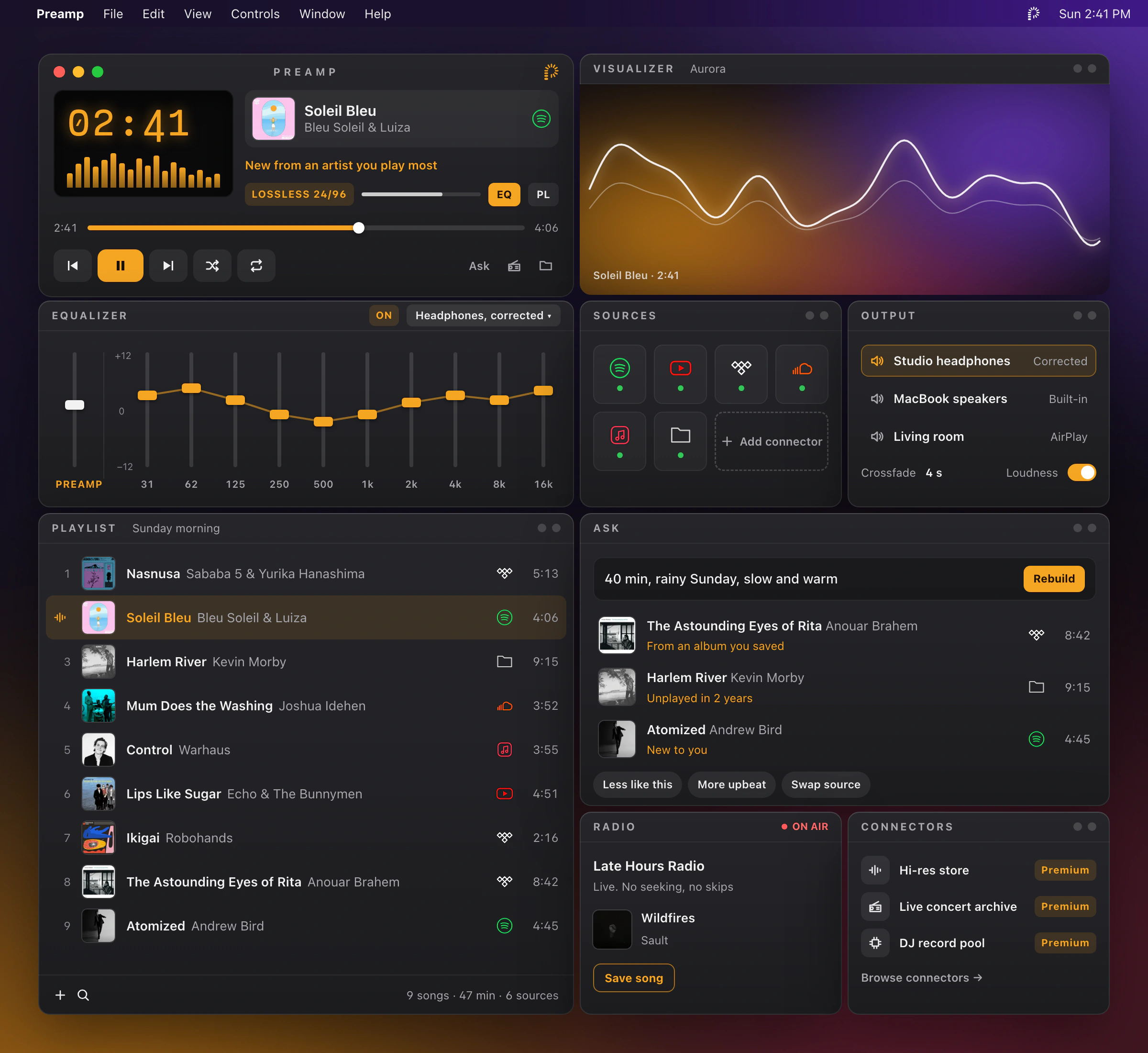 Preamp on a macOS desktop with every module open in the Graphite skin. The main window plays Soleil Bleu. Docked around it are a visualizer, an equalizer with a preamp slider and ten bands, sources, output devices, a playlist of real songs with covers and source badges, the Ask module with a reason under each pick, a live radio station and a list of premium connectors.
