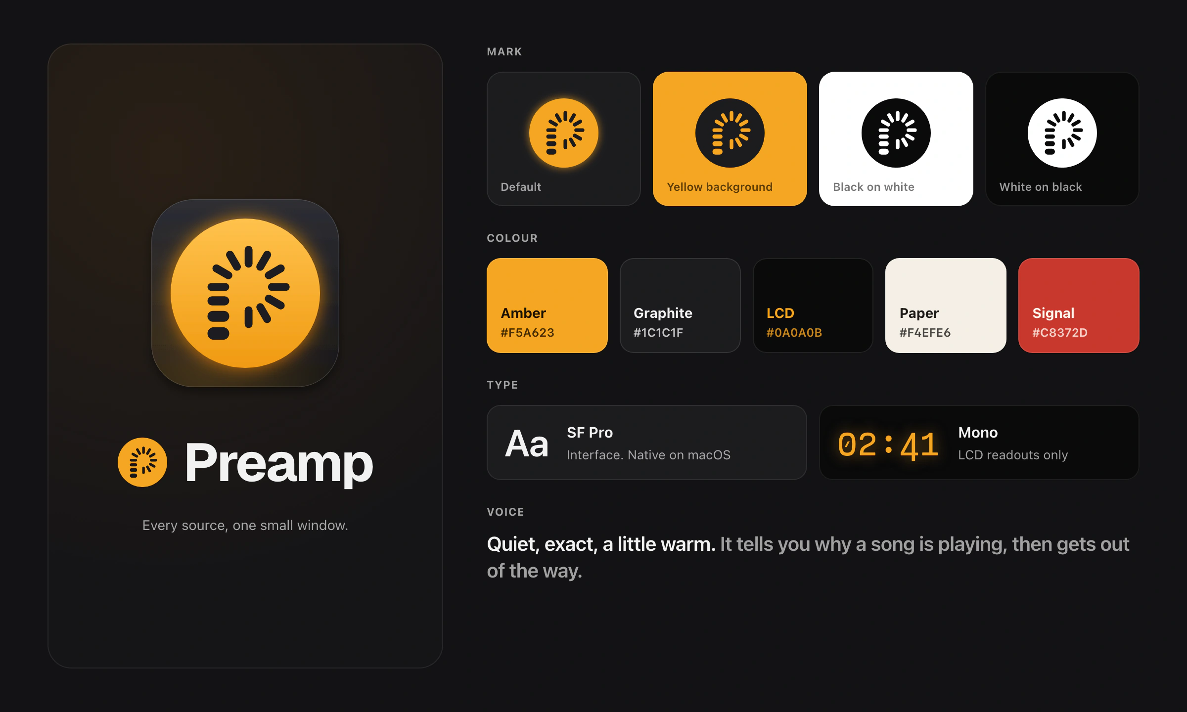 Preamp brand sheet. The app icon, an amber knob disc with a p cut out of it from tick marks, on a graphite tile, with the wordmark beside the mark. The mark appears in four colourways, default amber on graphite, graphite on a yellow background, black on white and white on black. Five colour swatches named Amber, Graphite, LCD, Paper and Signal, type samples for SF Pro and the mono LCD face, and the line Quiet, exact, a little warm.