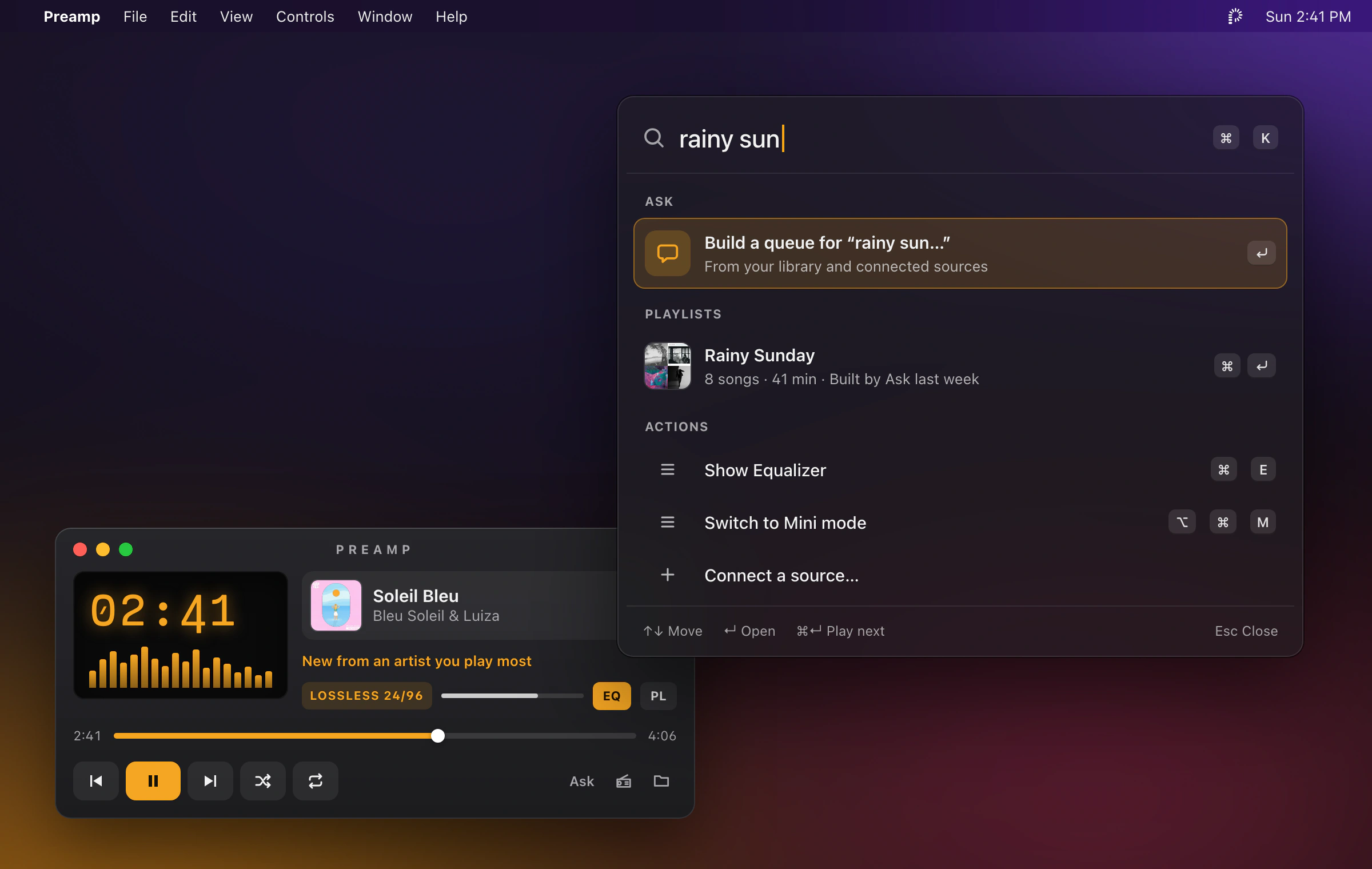 A macOS desktop with the Preamp menu bar and the player docked in the lower left. A command palette shows the query rainy sun, with an Ask suggestion to build a queue, the Rainy Sunday playlist, and actions with their keyboard shortcuts.