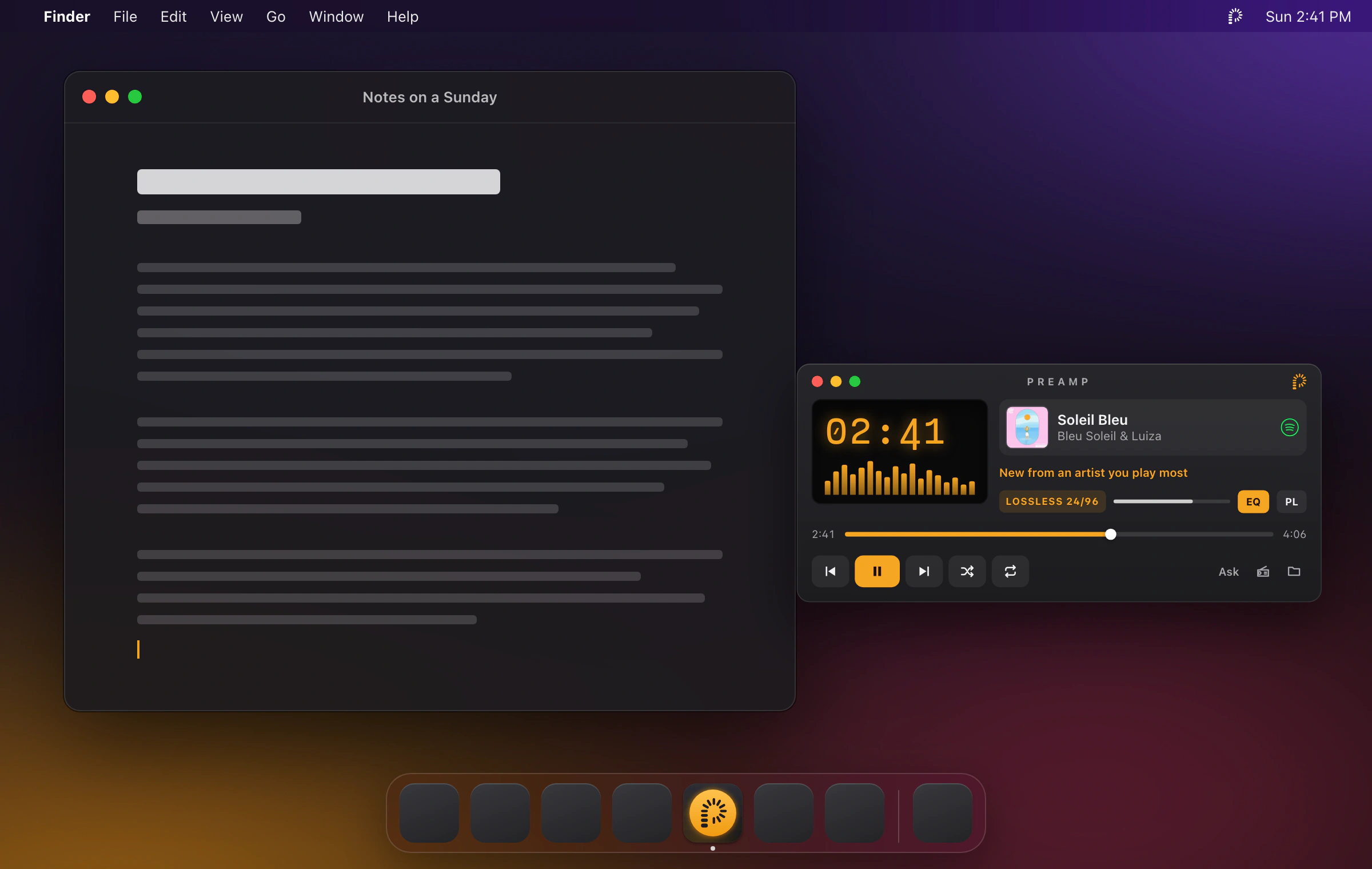 A macOS desktop. A writing window fills the left side, the Preamp player sits docked in the lower right corner playing Soleil Bleu, a white p sits in the menu bar beside the clock, and the Preamp icon runs in the Dock among unbranded apps.