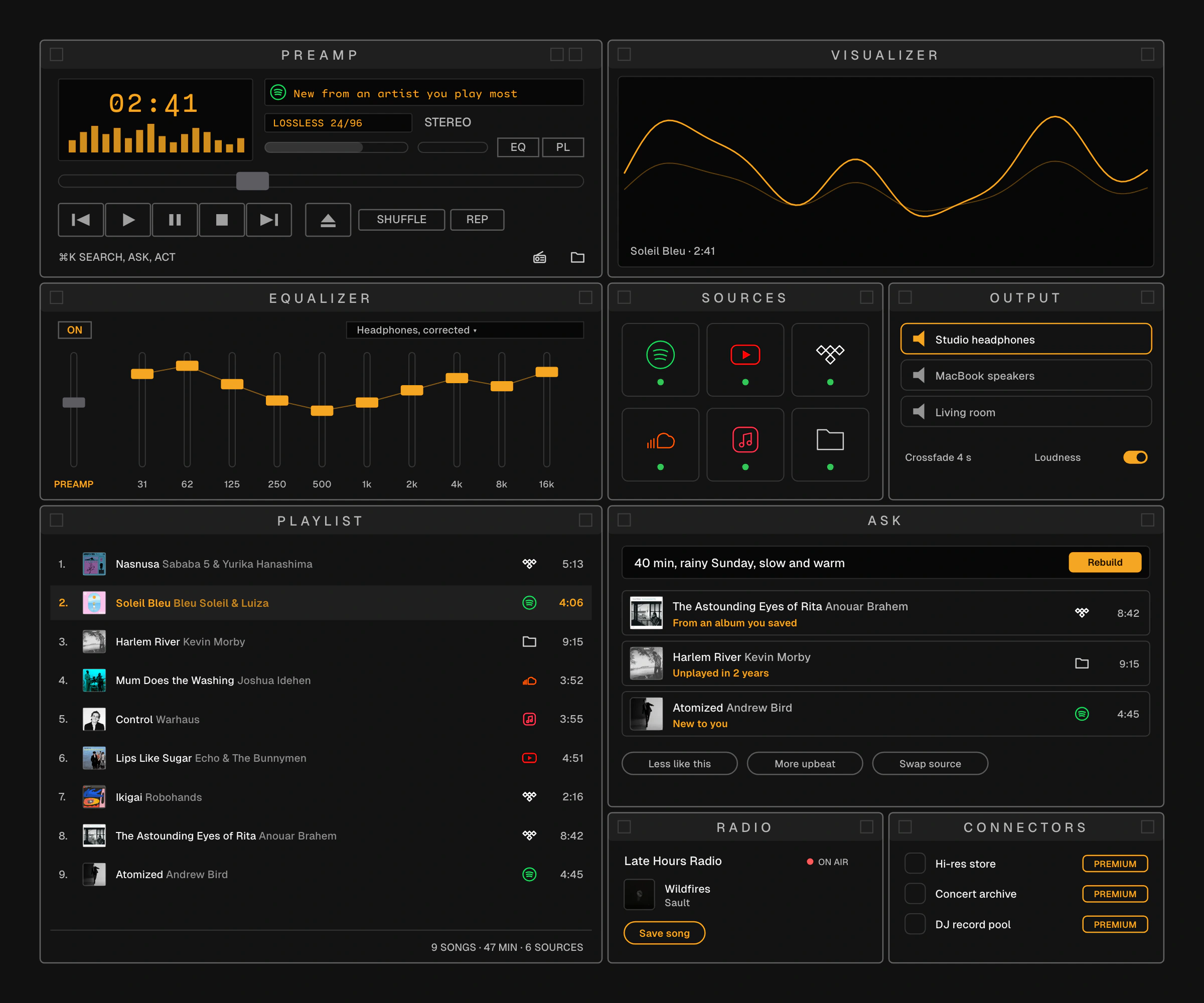 A wireframe of Preamp with every module open, docked around the main window. A visualizer, an equalizer with a preamp slider and ten bands, sources shown as coloured shapes, output devices, a playlist of real songs with covers and source badges, Ask with a request and a reason under each pick, a live radio station and a list of premium connectors.