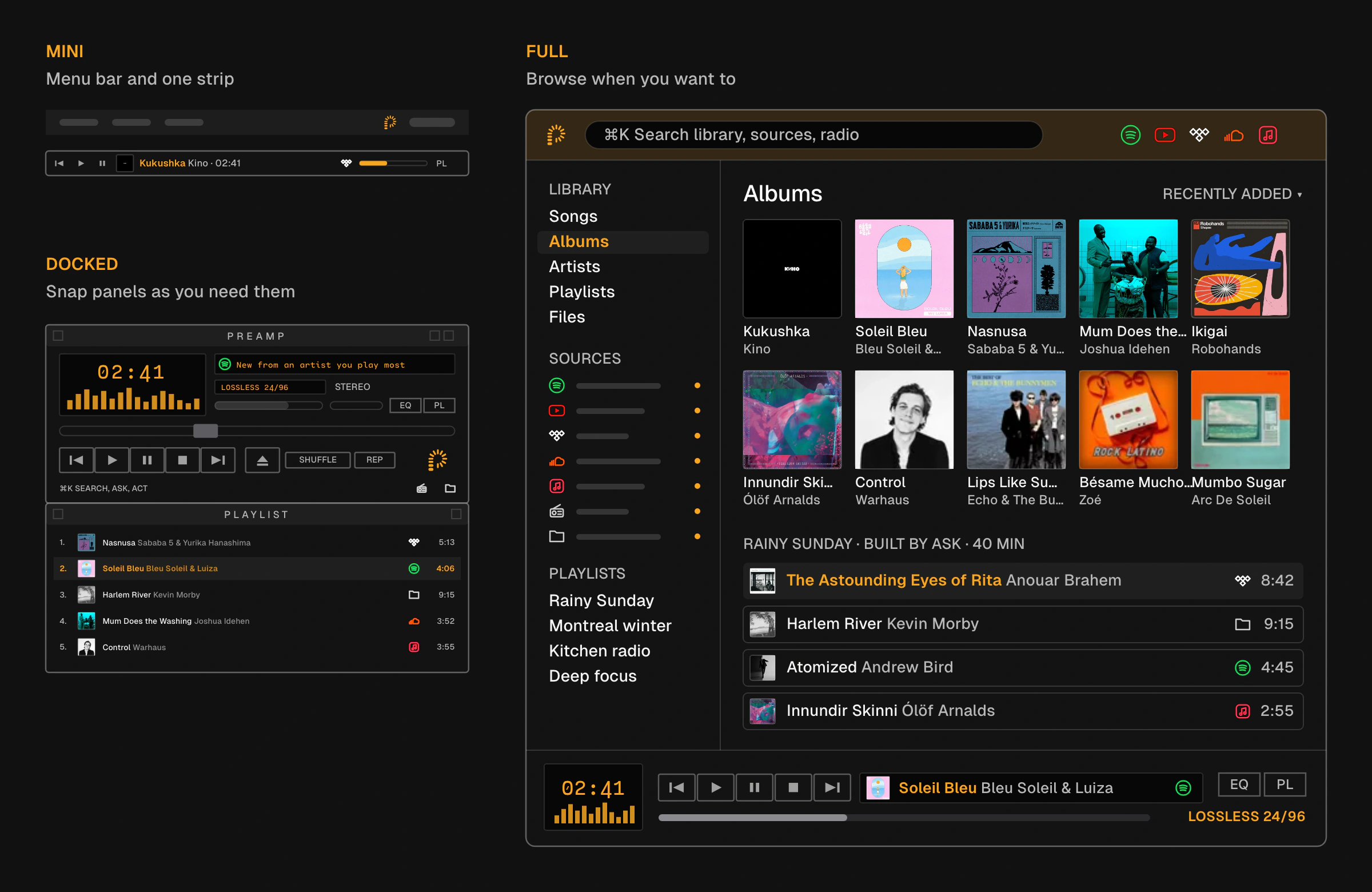 Three modes. Mini is a single-line strip under a menu bar icon, playing Kukushka by Kino. Docked is the classic main window with a playlist of real songs snapped below it. Full is a large library window themed by the active skin, with an album grid of real covers, a playlist built by Ask, sidebars for library, sources and playlists, and the transport docked along the bottom.
